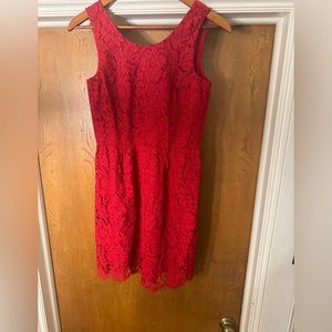 LOFT petite Lace Red Dress, Valentine date night, Sleeveless, above the knee